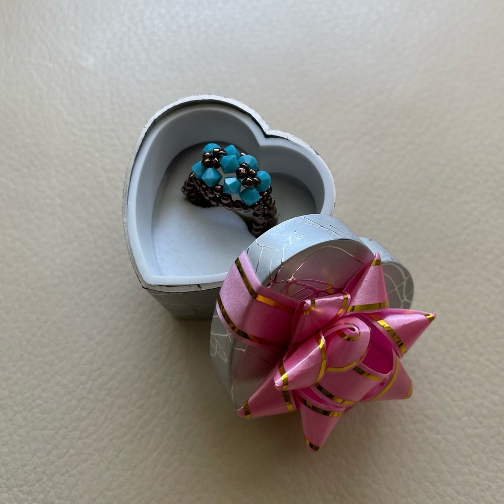 Handmade Beaded Ring; Turquoise and Brown Ring